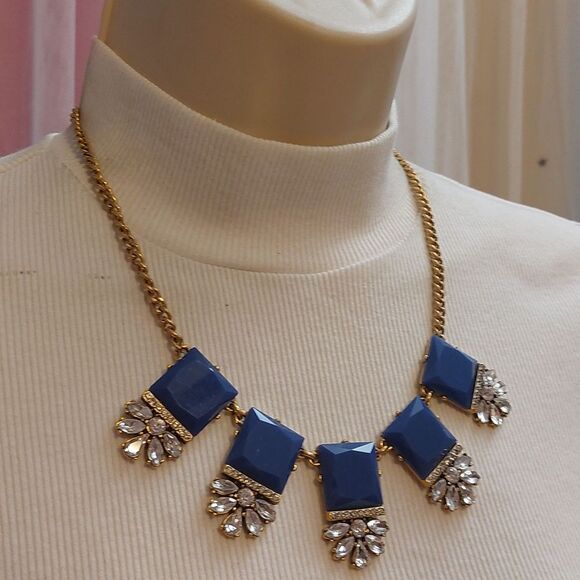 J.crew Blue and Clear Crystals Gold Tone Statement Necklace - Picture 2 of 6